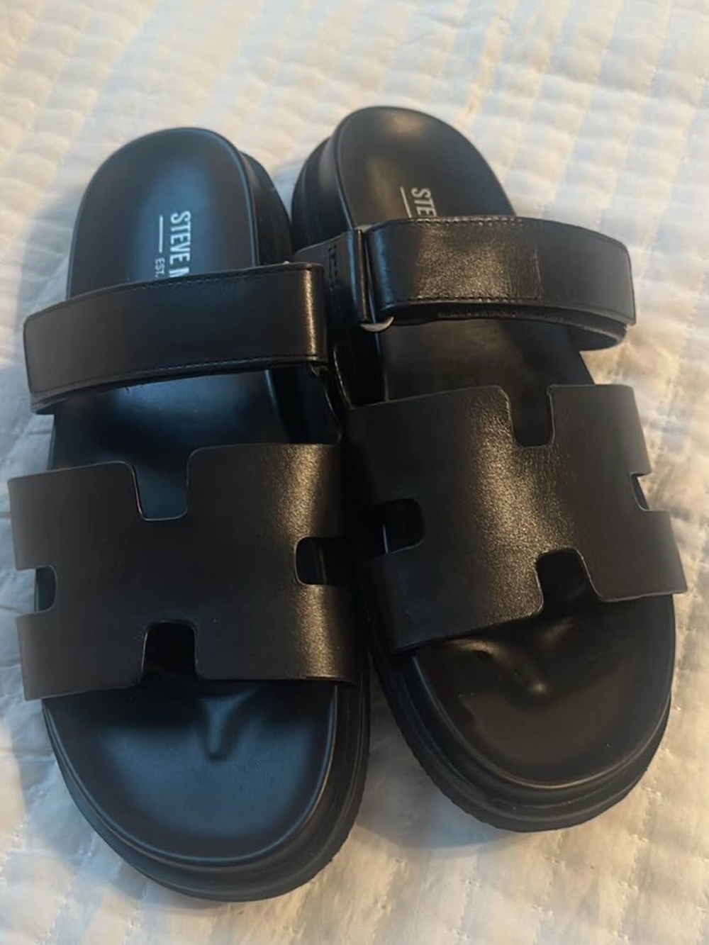 Steve Madden Black Leather Cutout Slide Sandals